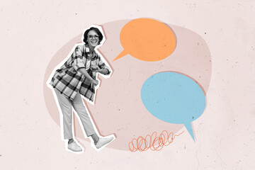 Canvas Print - Trend artwork sketch image composite photo collage of speech cloud dialog chatting conversation silhouette young lady dance moving happy