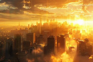Aufkleber - A stunning sunset over a bustling city skyline, showcasing skyscrapers amidst golden rays and vibrant clouds in the evening sky
