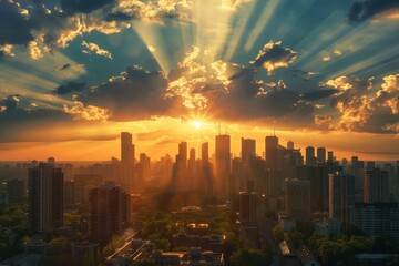 Aufkleber - A stunning sunset over a bustling city skyline, showcasing skyscrapers amidst golden rays and vibrant clouds in the evening sky