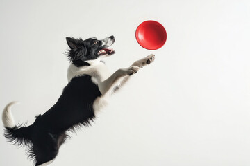 A dog is jumping in the air to catch a red frisbee