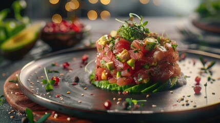 A plate of fresh tuna tartare with avocado.