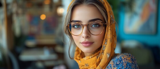 Young woman with green eyes wearing round eyeglasses and a yellow scarf.