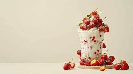 Glass of strawberry milkshake with whipped cream and fresh strawberries, on a white wooden table. Delicious, creamy, and refreshing summer drink.