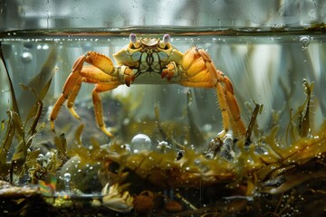 Poster - A crab emerges from the seaweed in a tranquil underwater setting while bubbles rise to the surface in a serene coastal water environment