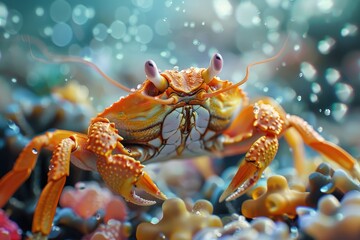 Poster - A crab emerges from the seaweed in a tranquil underwater setting while bubbles rise to the surface in a serene coastal water environment