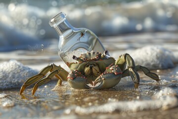 Aufkleber - A crab discovers a glass bottle on a sandy beach during low tide, with gentle waves crashing in the background at sunset