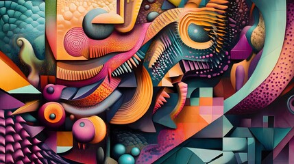 Surreal abstract art with intricate geometric patterns and strange organic shapes in a vibrant color palette