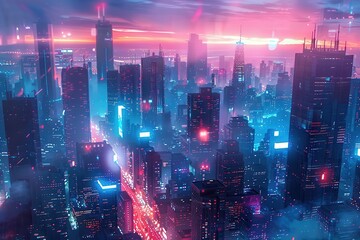Fototapete - Vibrant futuristic cityscape illuminated with neon lights, showcasing skyscrapers and dynamic urban energy during nighttime hours