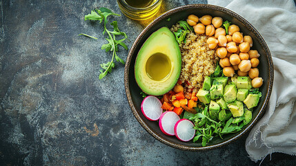 A vibrant and colorful plant-based bowl. World Vegetarian Day. Healthy eating. Fresh organic vegetables. Colorful assortment of vegetables. Vibrant salad bowl. Healthy vegan bowl. Vegan meal. Protein