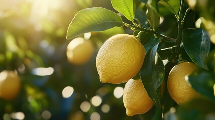 Wall Mural - Lush lemon grove at sunset with ripe lemons hanging from vibrant green branches in a serene agricultural landscape