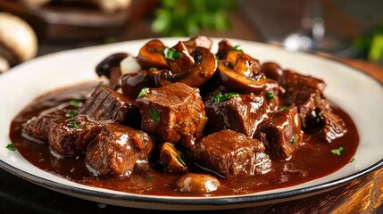 A savory and satisfying plate of beef bourguignon, with tender chunks of beef, mushrooms, and a rich, red wine sauce