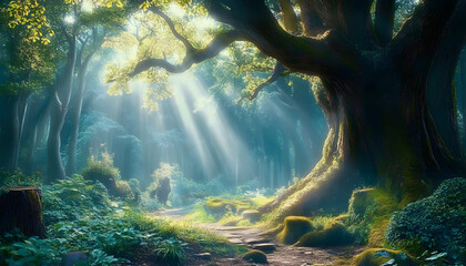 Wall Mural - a beautiful fairytale enchanted forest with big trees and great vegetation digital painting background