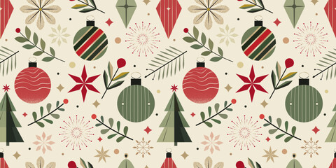 Seamless Christmas Pattern – Flat-Style Vector Design with Festive Ornaments, Leaves, and Stars on a Light Background. Ideal for Holiday Gift Wrapping, Seasonal Decor, and Digital Projects