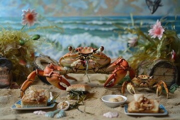 Poster - Crabs enjoying a beach picnic on a sandy shore with ocean waves in the background during a sunny day
