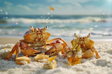 Poster - Crabs enjoying a beach picnic on a sandy shore with ocean waves in the background during a sunny day