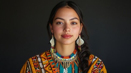 A young Indigenous woman with long dark hair smiles gently at the camera while wearing traditional clothing with intricate beadwork.