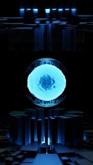 Poster - Abstract spinning mechanism with a glowing energy sphere in the middle, seamless loop. Design. Electric spherical core feeding with energy all the futuristic machine.