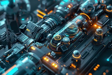 Poster - A futuristic and intricately designed mechanical engine with glowing orange lights and transparent components, showcasing advanced technology in a high-tech workshop