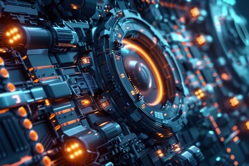 Fototapete - A futuristic and intricately designed mechanical engine with glowing orange lights and transparent components, showcasing advanced technology in a high-tech workshop