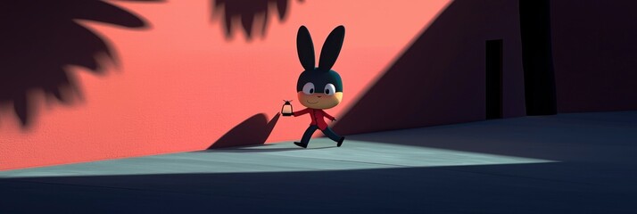 Poster - Cartoon Rabbit Character Walking with Lantern in the Shade