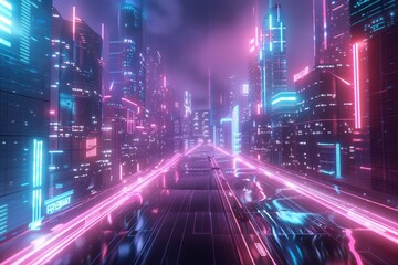 Fototapete - A vibrant futuristic cityscape illuminated by neon lights during nighttime showcases towering skyscrapers and a captivating atmosphere, creating a mesmerizing urban environment