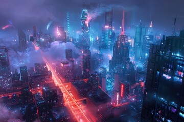 Fototapete - Vibrant neon skyline with futuristic cityscape and glowing pathways during twilight, featuring illuminated skyscrapers and a colorful horizon