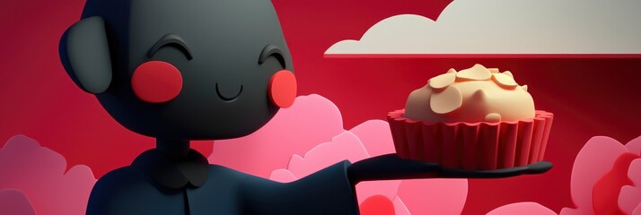 Wall Mural - Happy 3D Character Holding a Cupcake