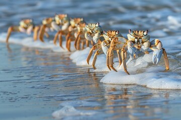 Aufkleber - A group of colorful crabs scuttling along a sandy beach during low tide with gentle waves lapping at the shore under clear skies