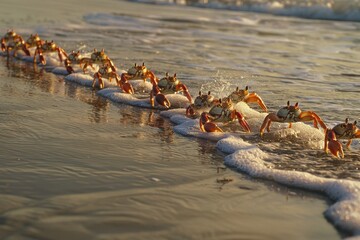 Aufkleber - A group of colorful crabs scuttling along a sandy beach during low tide with gentle waves lapping at the shore under clear skies