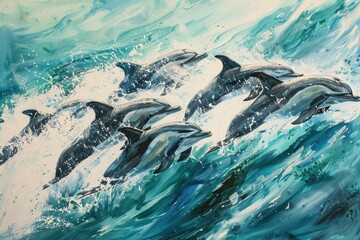 Aufkleber - Dolphins leap joyfully above the turquoise ocean water in a lively display under bright sunlight at midday