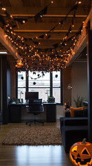 Canvas Print - High Ceiling Office Decked out in Halloween Garlands and Festive Lights  