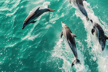 Aufkleber - Dolphins leap joyfully above the turquoise ocean water in a lively display under bright sunlight at midday