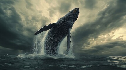 Wall Mural - a humpback whale breaches the surface of the water against a dramatic stormy sky, its body silhouett