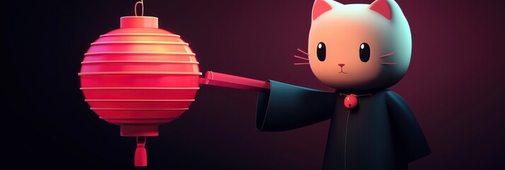 Poster - Cute Cat Holding a Red Lantern