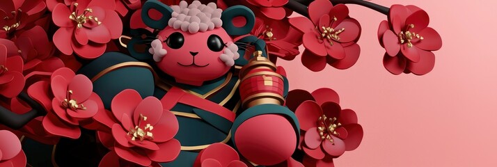 Sticker - Cute Cartoon Animal Holding a Red Bomb Surrounded by Pink Flowers