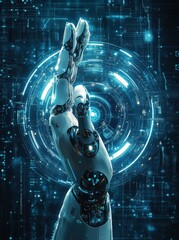 Poster - Futuristic digital art poster featuring a high-tech robotic arm with glowing blue circuitry in a cybernetic environment