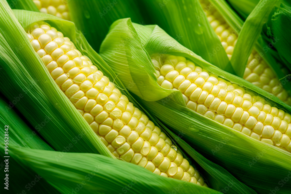 Yellow corn cob half open, exposing its golden kernels, wrapped in natural straw