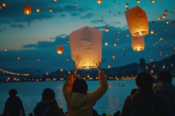 Wall Mural - a joyful celebration as people release glowing lanterns into the evening sky over a river during a v
