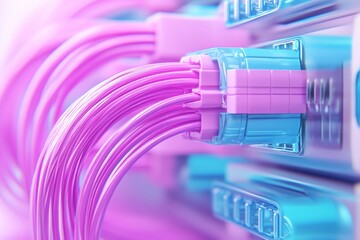 Sticker - Close up of pink and purple fiber optic cables with glowing connectors representing high speed internet connection and advanced telecom technology