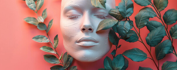 serene and artistic display featuring sculpted face surrounded by lush green leaves against vibrant coral background. This composition evokes sense of tranquility and beauty