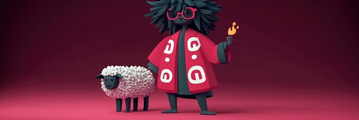 Poster - 3D Render of a Person with a Sheep and a Flame