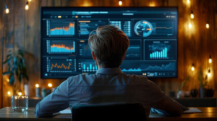 A man analyzes stock market trends, with vibrant graphs displayed on a digital screen, reflecting modern finance and technology.