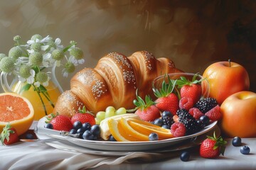 Wall Mural - A vibrant arrangement of fresh fruits and a refreshing drink displayed on a table with a textured backdrop during a sunny afternoon