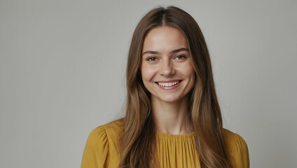 Wall Mural - Radiant Confidence: A young woman with long brown hair smiles warmly, exuding confidence and positivity in a stylish mustard yellow blouse. This image is perfect for projects needing a friendly.