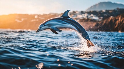 Wall Mural - a dolphin leaps out of the water with a splash, against a background of a mountain range and the set