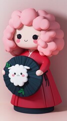 Poster - Cute Cartoon Girl with a Sheep and a Fan