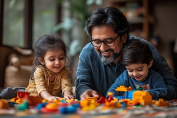 An Indian man plays with his children at home. Generative AI