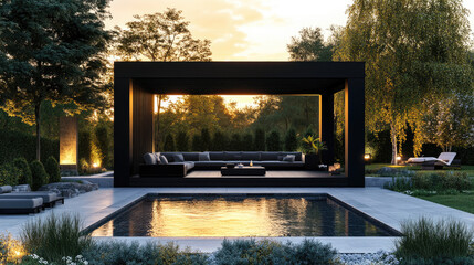 Wall Mural - A black, modern gazebo with a white sofa and chairs inside it stands on the wooden deck of an outdoor pool at sunset. 