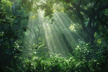 Poster - Sunlight filters through dense foliage in a vibrant tropical rainforest during early morning, illuminating the lush greenery and creating a serene atmosphere