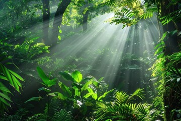 Poster - Sunlight filters through dense foliage in a vibrant tropical rainforest during early morning, illuminating the lush greenery and creating a serene atmosphere